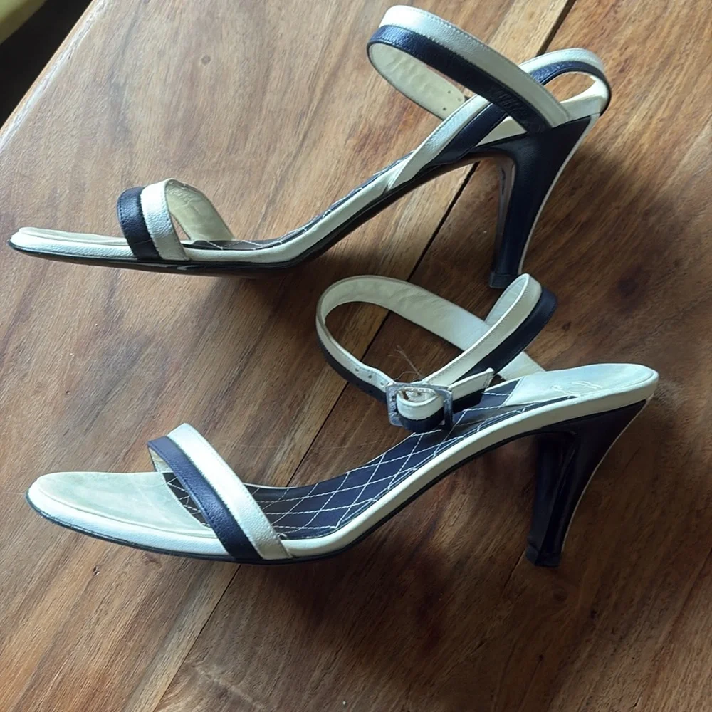CHANEL Cream and Navy Quilted Ankle-Strap Sandals